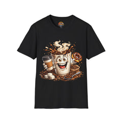Coffee Cup Cartoon T‑Shirt Unisex — Cute Smiling Coffee & Donut Graphic Tee