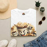Coffee Mug T-Shirt Unisex — Energized Cartoon Coffee Design (“Coffee but first”)