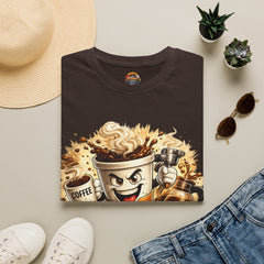 Coffee Mug T-Shirt Unisex — Energized Cartoon Coffee Design (“Coffee but first”)