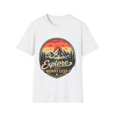 Explore More Worry Less Unisex Mountain T-Shirt — Retro Sunset Outdoor Adventure Tee