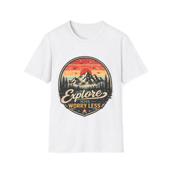 Explore More Worry Less Unisex Mountain T-Shirt — Retro Sunset Outdoor Adventure Tee