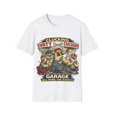 Clucking Dirty Chicken Garage Unisex T-Shirt — Funny Mechanic Rooster Tee