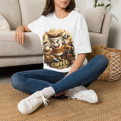Coffee Mug T-Shirt Unisex — Energized Cartoon Coffee Design (“Coffee but first”)