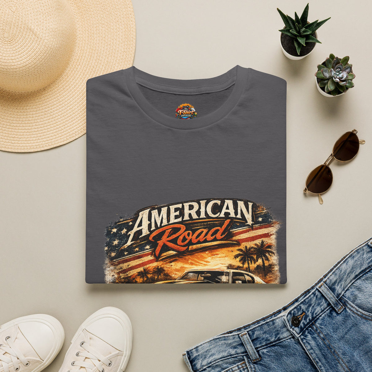 American Road Vintage Tee Unisex — "American Road" Route 66 Retro Car Graphic T-Shirt
