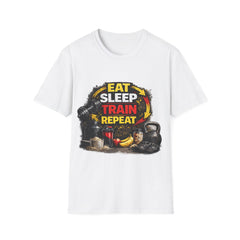 Eat Sleep Train Repeat Unisex T-Shirt — Gym Motivation Fitness Tee