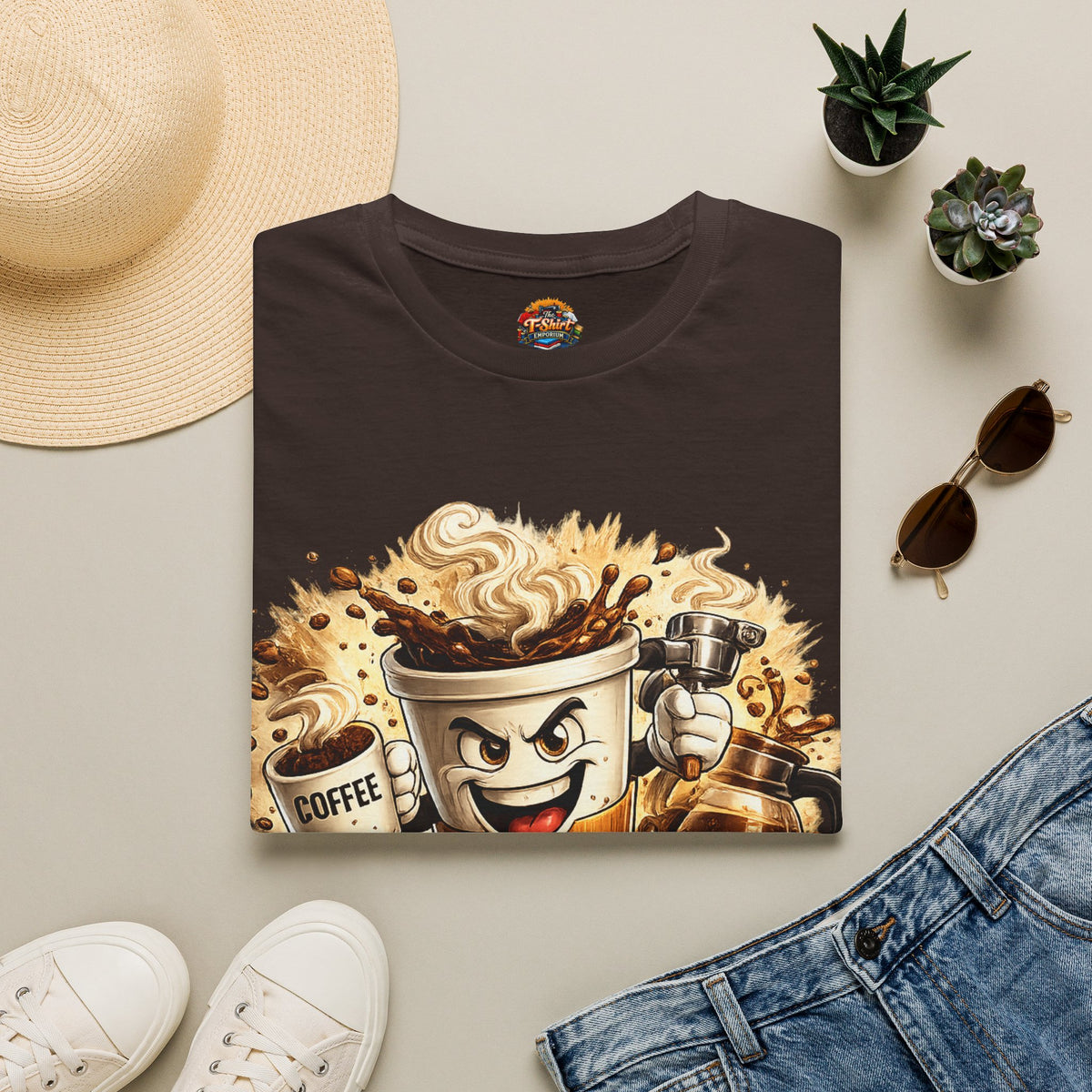 Coffee Mug T-Shirt Unisex — Energized Cartoon Coffee Design (“Coffee but first”)