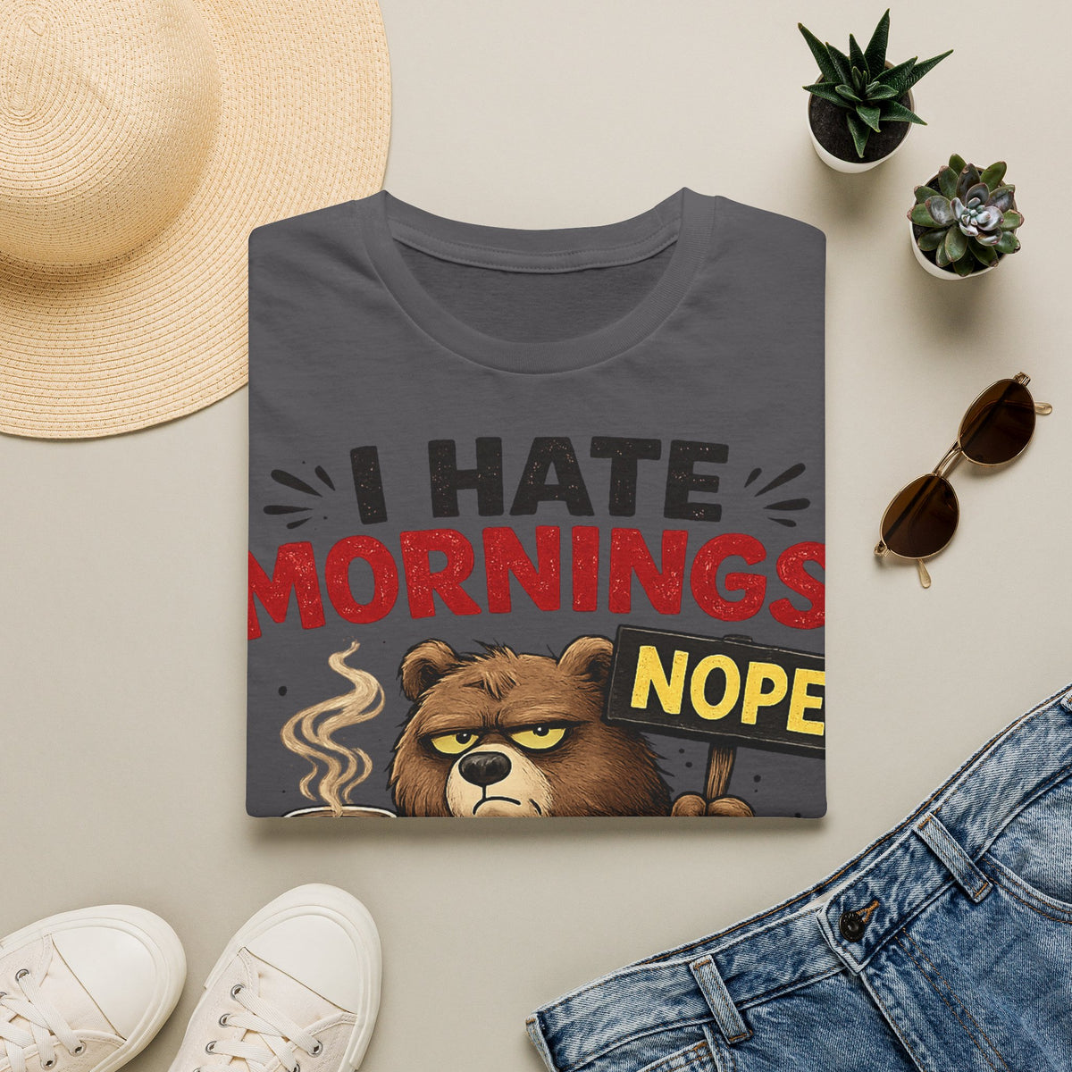 I Hate Mornings Bear Unisex T-Shirt — Funny 'Nope' Coffee & People Graphic Tee