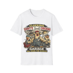 Clucking Dirty Chicken Garage Unisex T-Shirt — Funny Mechanic Rooster Tee