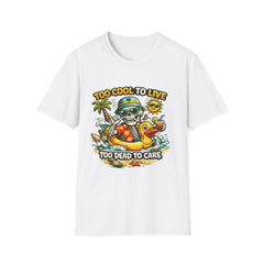 Skull Beach T-Shirt — "Too Cool to Live, Too Dead to Care" Tropical Graphic Unisex