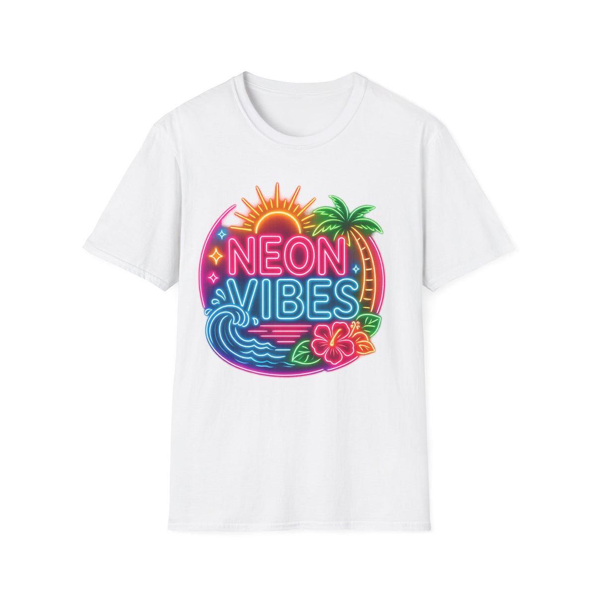 Neon Vibes T-Shirt Unisex — Retro Beach Sunset Palm Graphic Tee