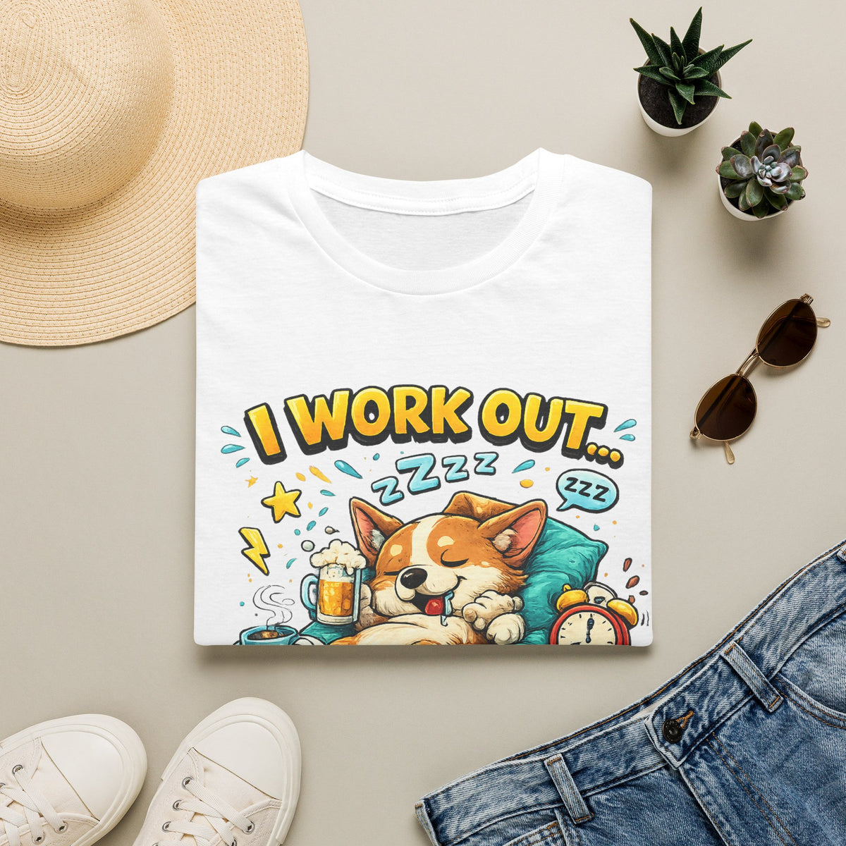 T‑Shirt — "I Work Out Unisex... Just Kidding I Take Naps" Cute Corgi Nap Tee